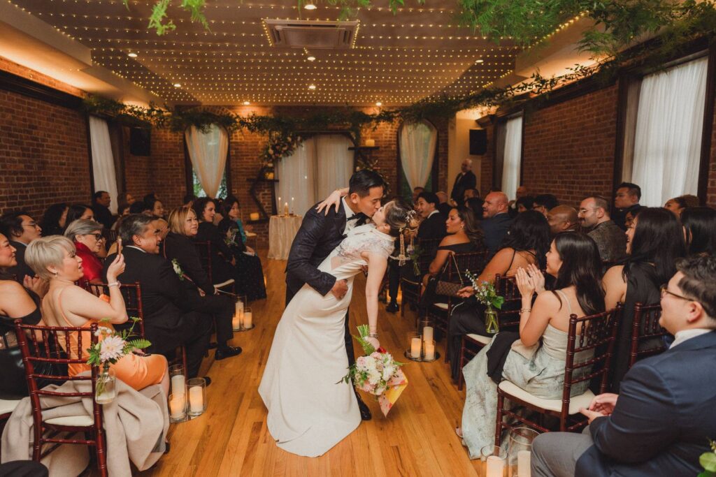 First Kiss in the Loft at Deity Brooklyn micro-wedding venue